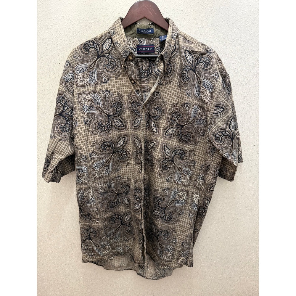 Gant Chelsea Twill Mens XLT Tall Paisley Button Down Shirt Short Sleeve Blue Tan